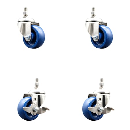 Service Caster 3 Inch 316SS Solid Polyurethane Swivel 3/8 Inch Threaded Stem Caster Brake, 2PK SS316TS20S314-SPUS-381615-2-TLB-2